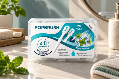 POPBRUSH | Tek Kullanımlık 4'ü 1 Arada Ağız Bakım Fırçası – Fırça + Mentol + Kürdan + Dil Temizleyici