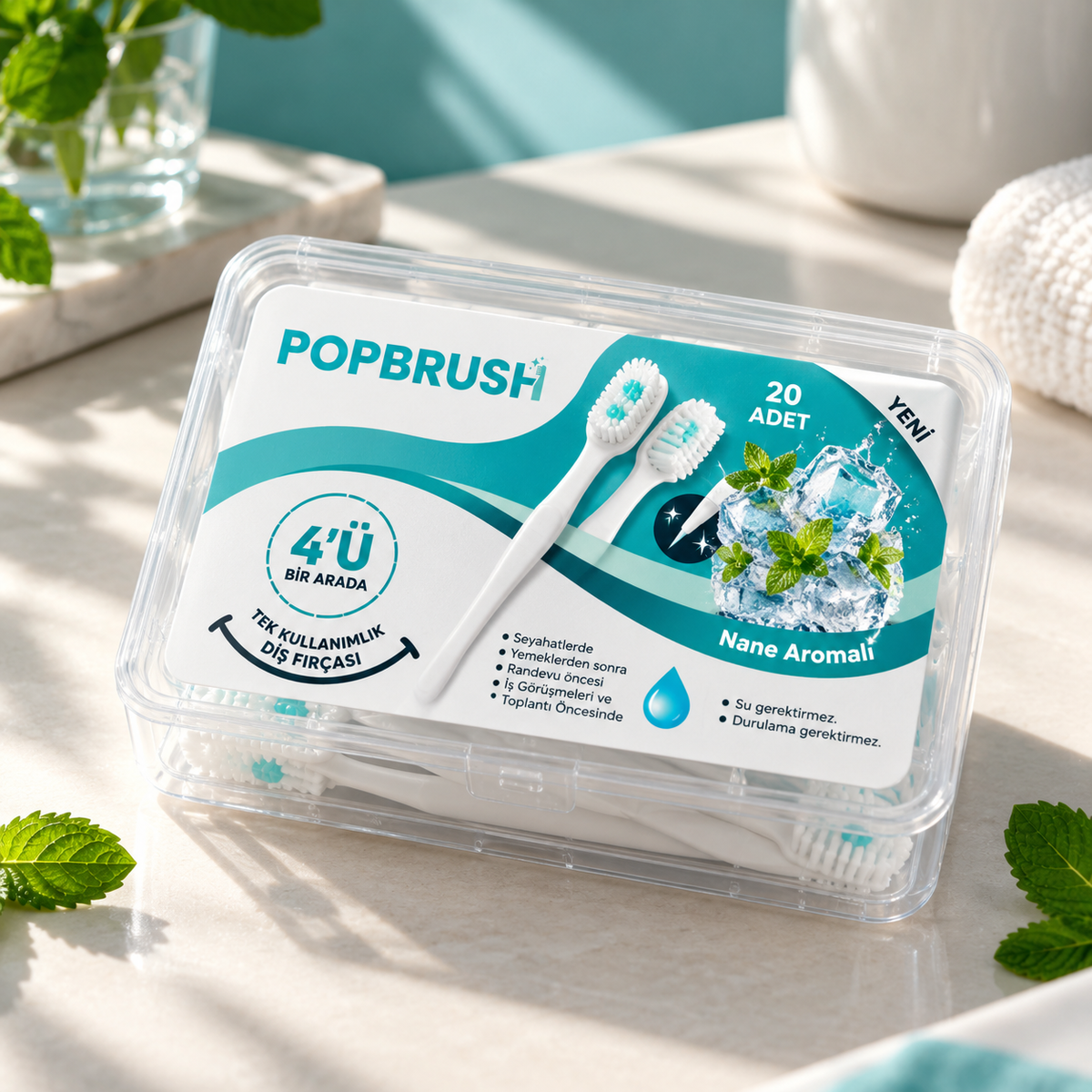 POPBRUSH | Tek Kullanımlık 4'ü 1 Arada Ağız Bakım Fırçası – Fırça + Mentol + Kürdan + Dil Temizleyici