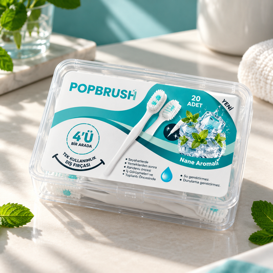 POPBRUSH | Tek Kullanımlık 4'ü 1 Arada Ağız Bakım Fırçası – Fırça + Mentol + Kürdan + Dil Temizleyici